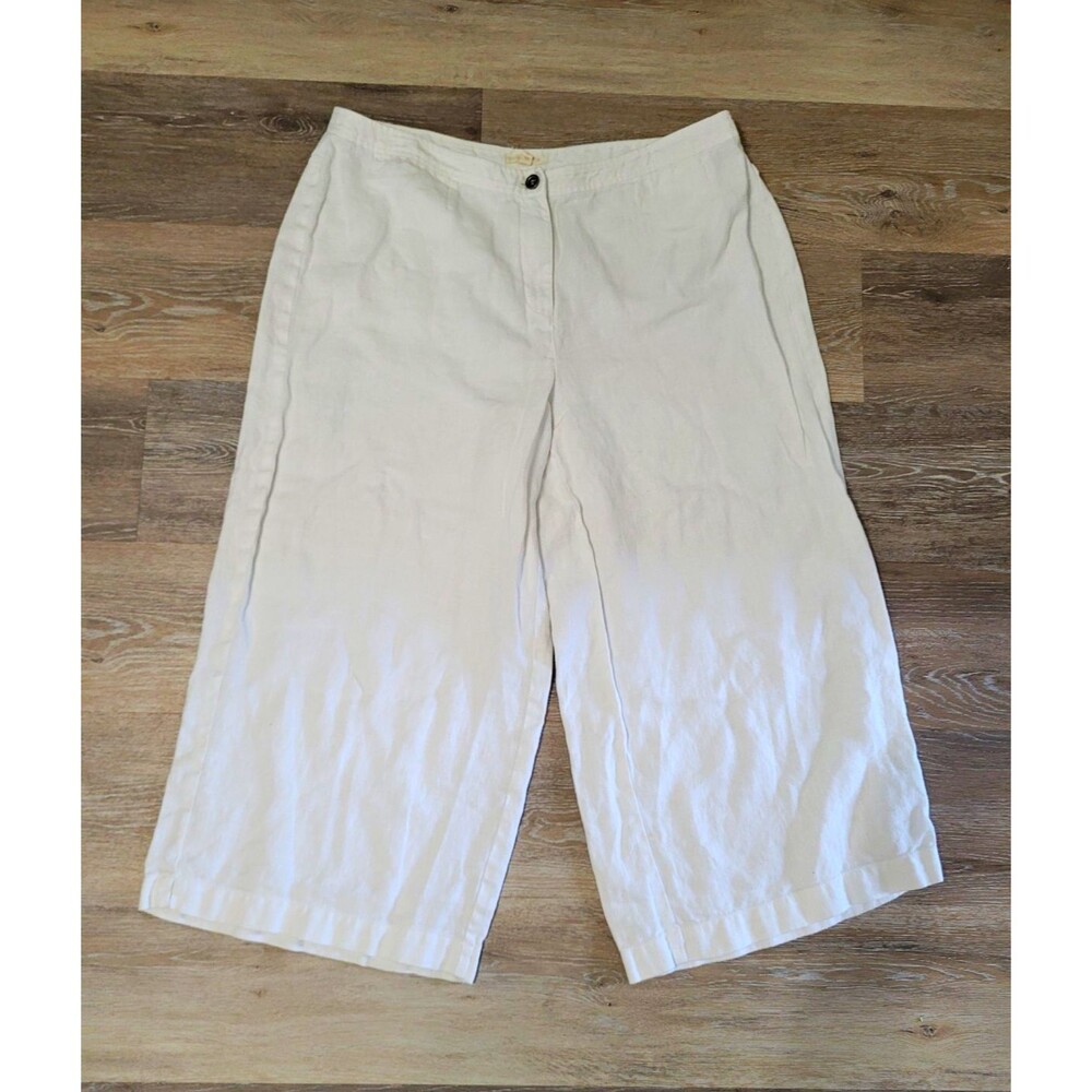 Eileen Fisher White Organic Linen Cropped Pants Flat Front Button Lagenlook
